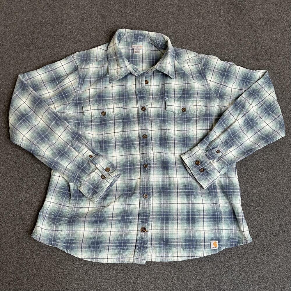 Carhartt Shirt Womens XL 16-18 Blue Plaid Flannel Long Sleeve Button Up Stretch - Picture 2 of 10